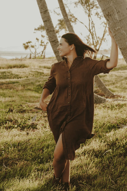 Outback Linen Everyday Linen Dress - Smoked Cocoa