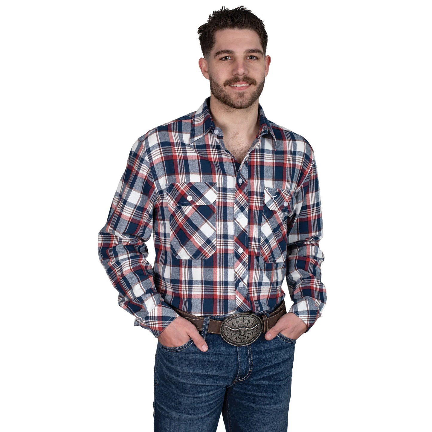 Just Country Men's Evan Work shirt Flannel - Navy / Red / White