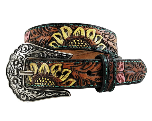Roper Girls Belt Leather Hand Tooled Sunflower Brown