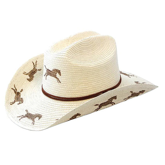 Sunbody Hats Kids Cattleman Palm Leaf Hat - Natural/Running Horses