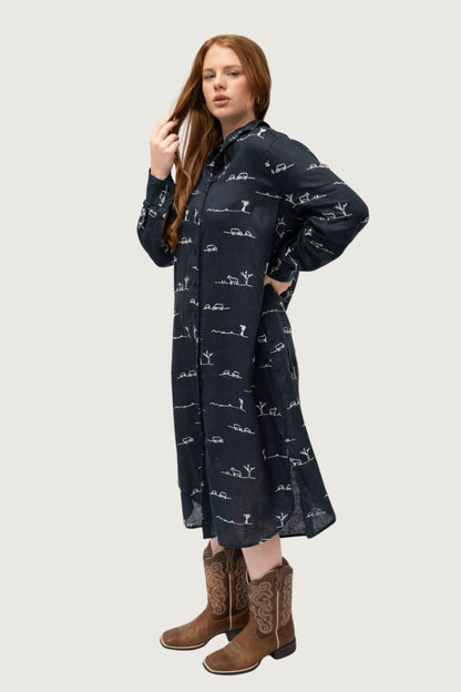 Outback Linen Rural Outback Linen Dress - Eclipse Navy Patterned