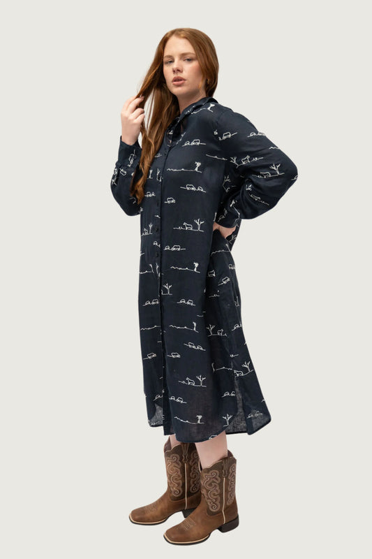 Outback Linen Rural Outback Linen Dress - Eclipse Navy Patterned