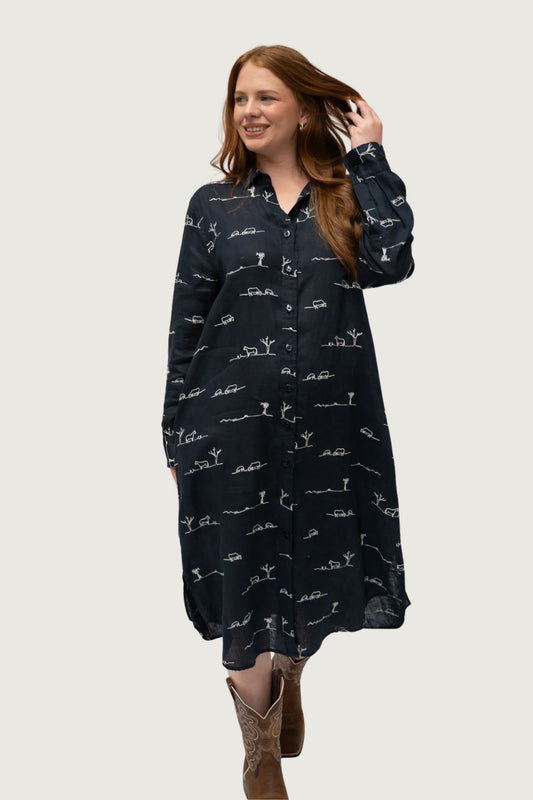 Outback Linen Rural Outback Linen Dress - Eclipse Navy Patterned