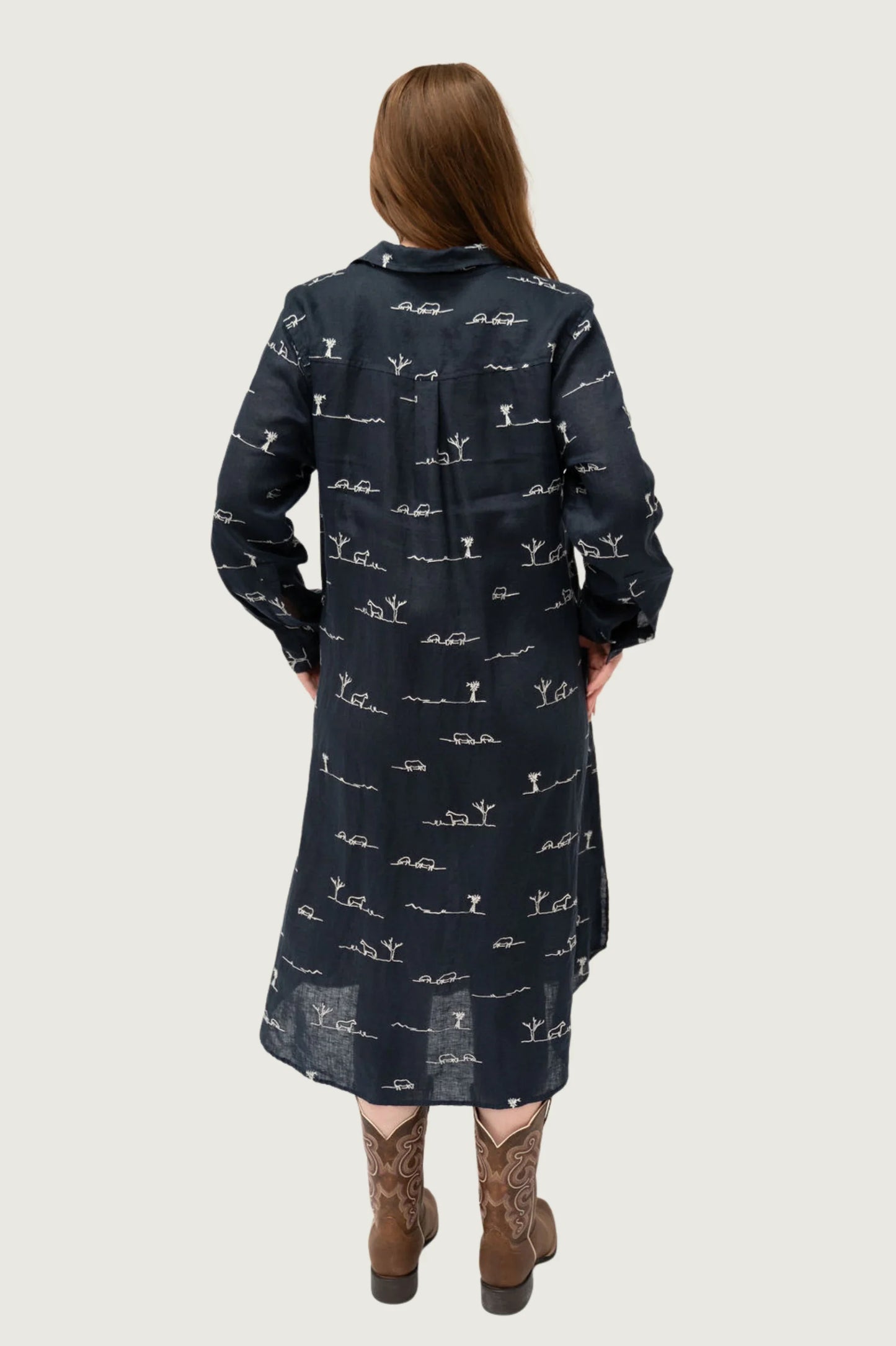 Outback Linen Rural Outback Linen Dress - Eclipse Navy Patterned