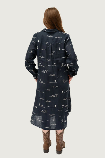 Outback Linen Rural Outback Linen Dress - Eclipse Navy Patterned