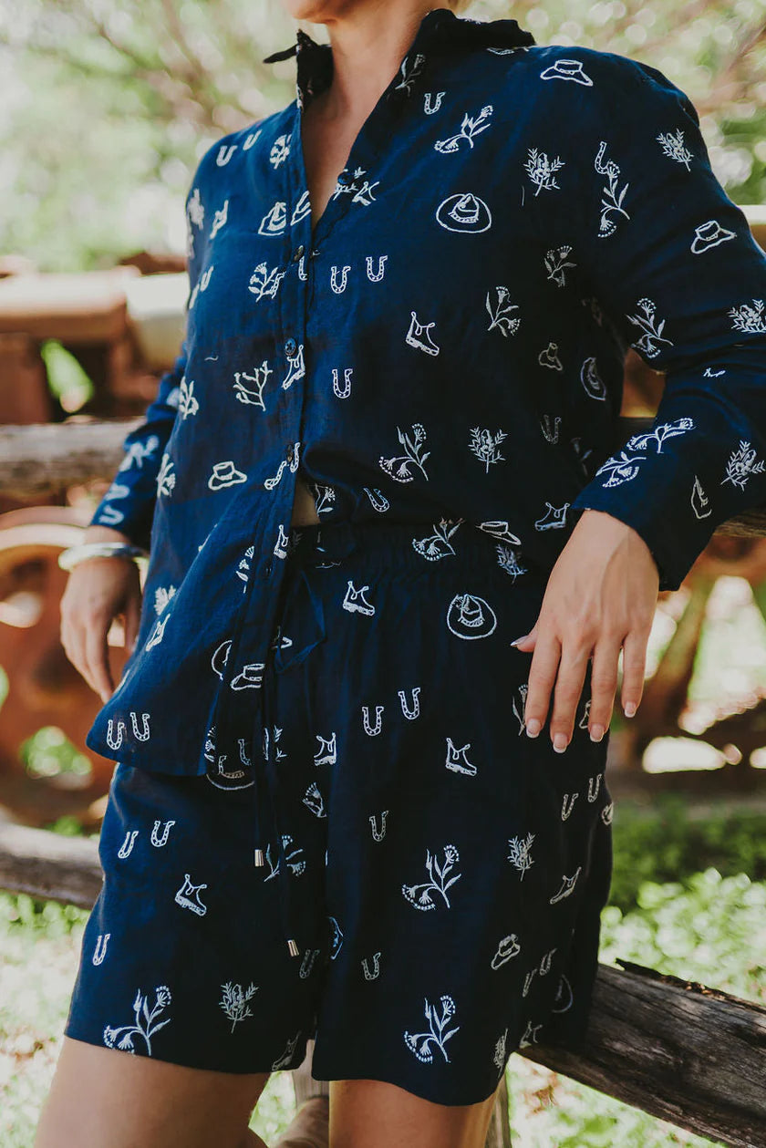 Outback Linen Lady Jane Outback Eclipse Navy Embroidered Linen Shorts