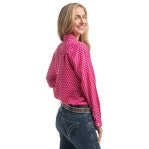 JUST COUNTRY WOMENS ABBEY FULL BUTTON PRINT WORKSHIRT - RASPBERRY &  WHITE POLKA DOTS