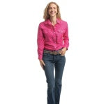 JUST COUNTRY WOMENS ABBEY FULL BUTTON PRINT WORKSHIRT - RASPBERRY &  WHITE POLKA DOTS