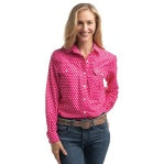 JUST COUNTRY WOMENS ABBEY FULL BUTTON PRINT WORKSHIRT - RASPBERRY &  WHITE POLKA DOTS