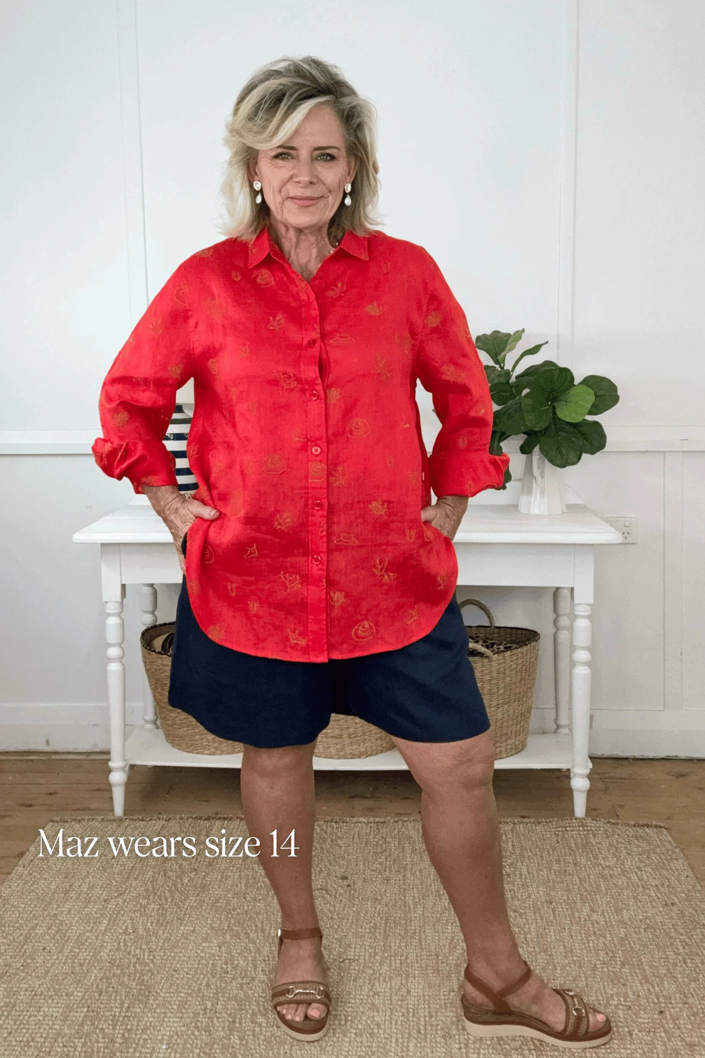 Outback Linen Lady Jane Red Embroidered Organic Long Sleeve Linen