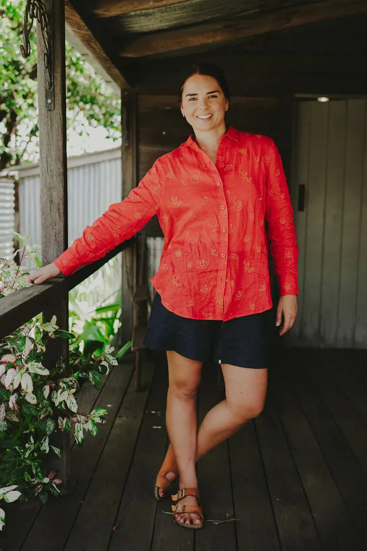 Outback Linen Lady Jane Red Embroidered Organic Long Sleeve Linen