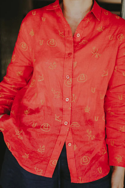 Outback Linen Lady Jane Red Embroidered Organic Long Sleeve Linen