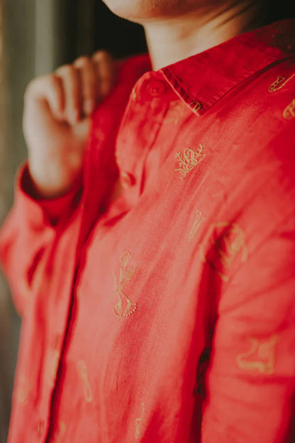 Outback Linen Lady Jane Red Embroidered Organic Long Sleeve Linen