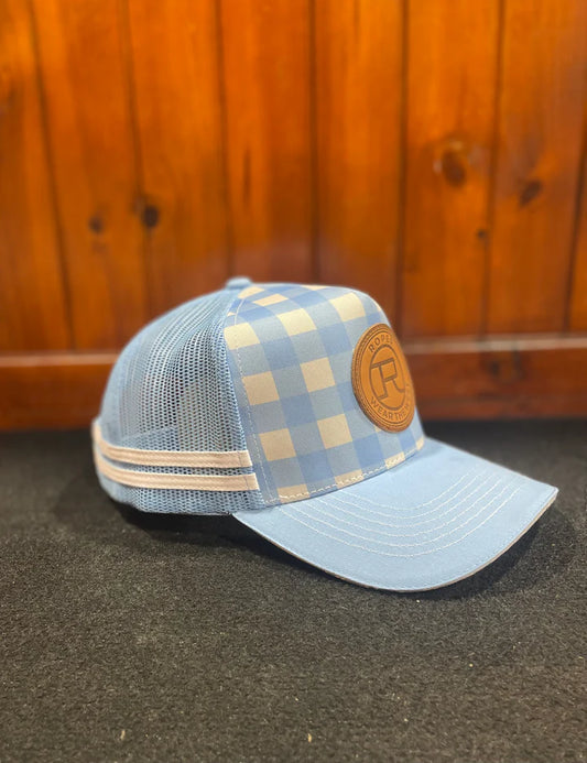 Roper Trucker Cap Mini Plaid Cornflower blue and white