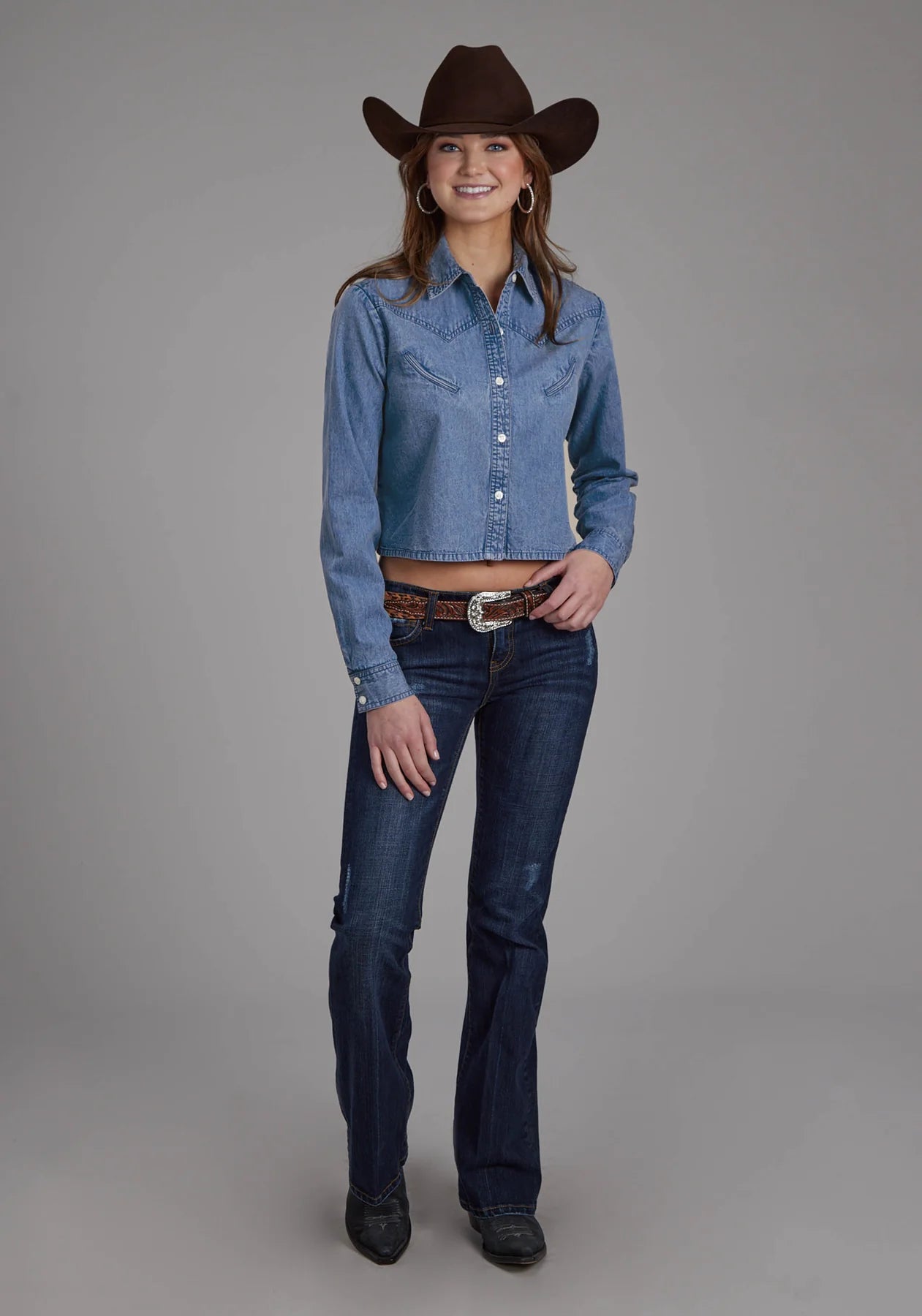 Roper Womens Five Star Collection LS Shirt Solid Blue