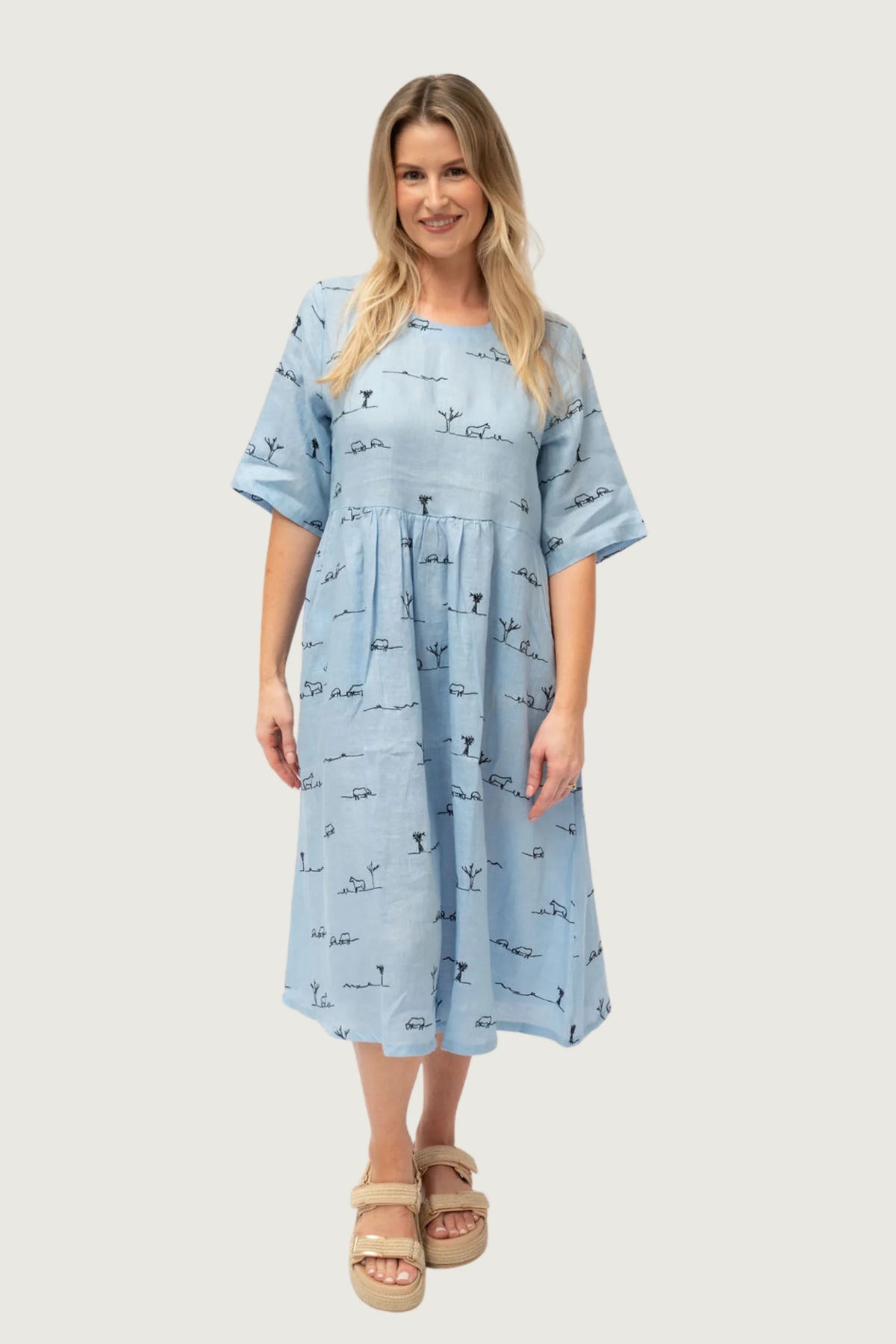 Rural Outback Linen Dress - Short Sleeve - Sky Blue