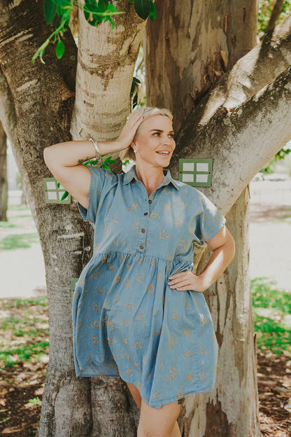 Lady Jane Denim Sky Blue Embroidered Dress