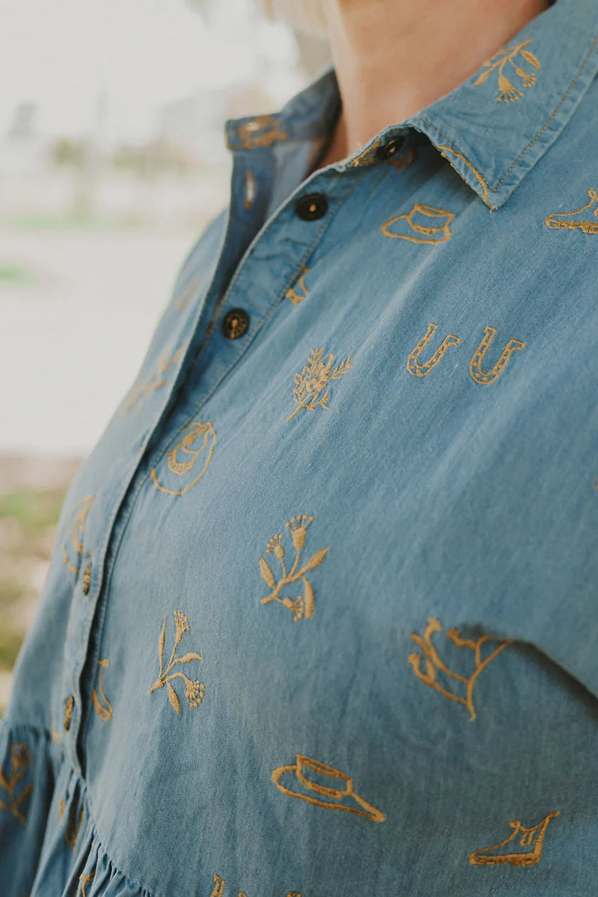 Lady Jane Denim Sky Blue Embroidered Dress