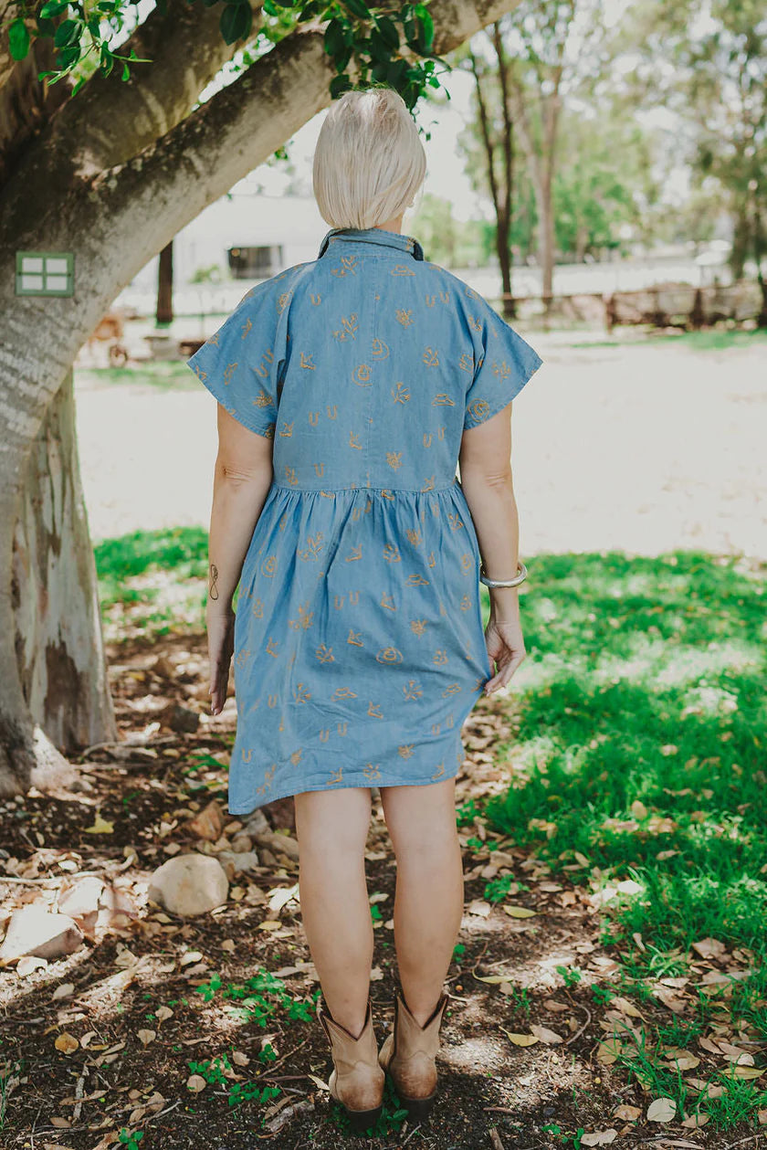 Lady Jane Denim Sky Blue Embroidered Dress