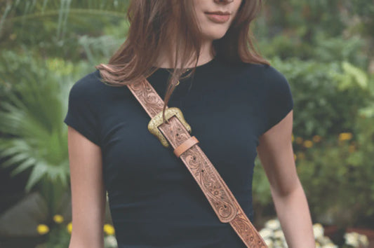 Leather Tooled Bag Strap with Buckle