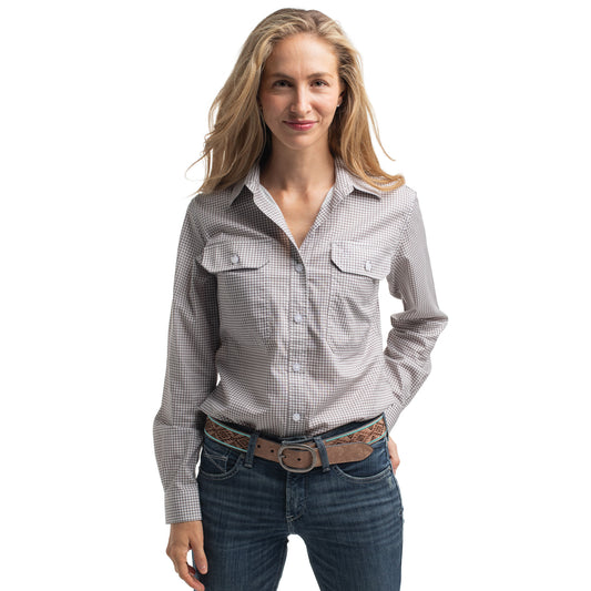 JUST COUNTRY WOMEN'S ABBEY FULL BUTTON MINI CHECK WORKSHIRT - SMOKE GREY & WHITE MINI CHECK