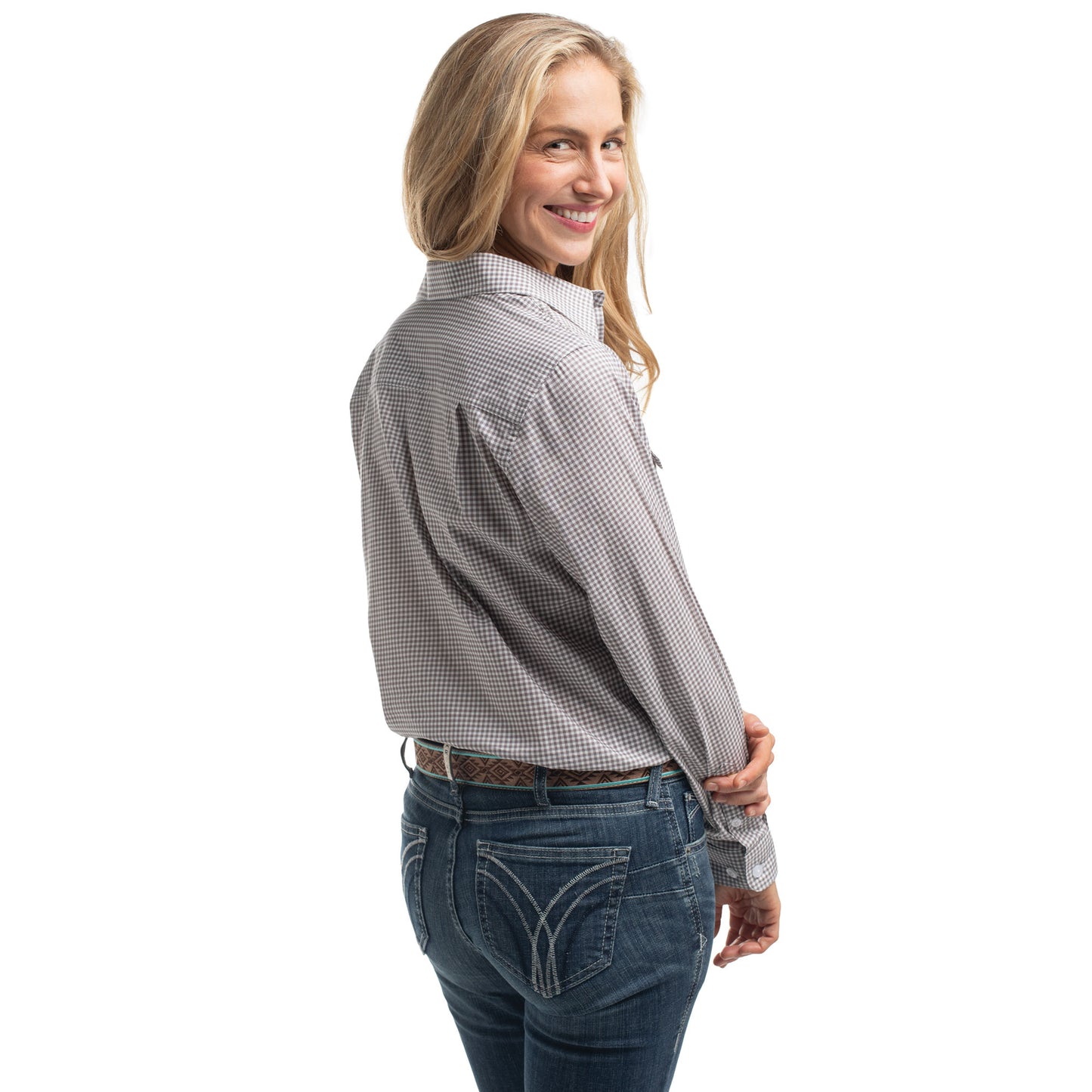 JUST COUNTRY WOMEN'S ABBEY FULL BUTTON MINI CHECK WORKSHIRT - SMOKE GREY & WHITE MINI CHECK