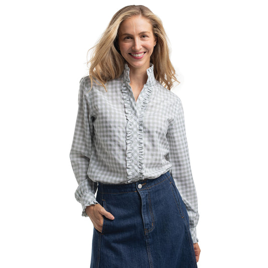JUST COUNTRY WOMEN'S ABBEY FRILLS FULL BUTTON CHECK WORKSHIRT SAGE & WHITE CHECK