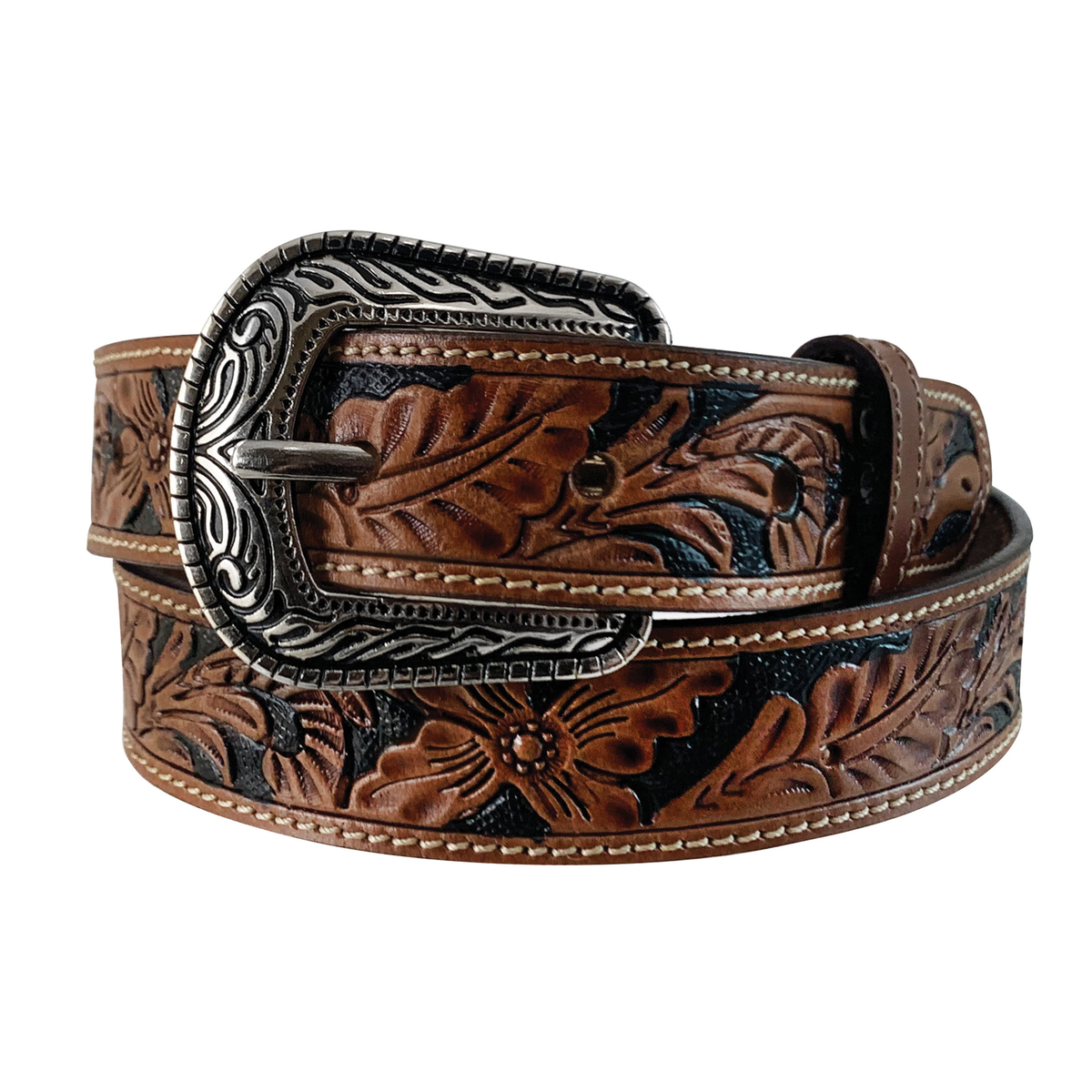 BOY'S BRIDLE FULL GRAIN LEATHER TAN BELT - FLORAL HAND TOOLE - TAN