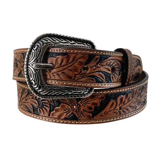 BOY'S BRIDLE FULL GRAIN LEATHER TAN BELT - FLORAL HAND TOOLE - TAN