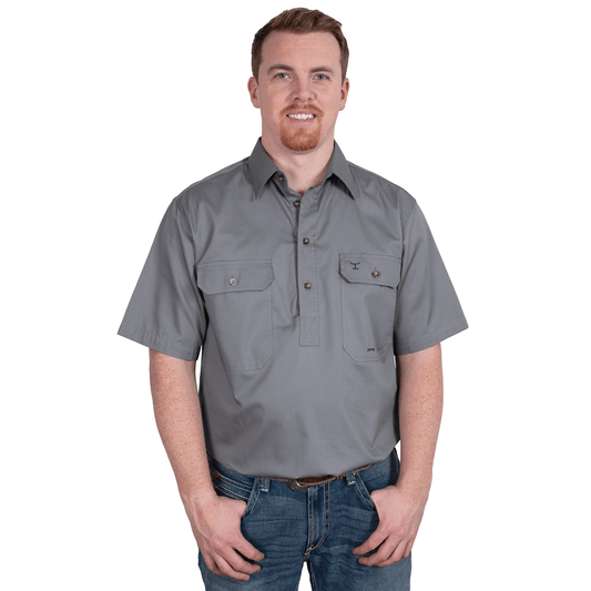 JUST COUNTRY MEN'S - ADAM - 1/2 BUTTON SHORT SLEEVE - STEEL GREY
