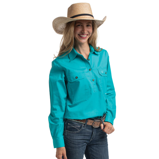 WOMEN'S JAHNA HALF BUTTON WORKSHIRT -TURQUOISE