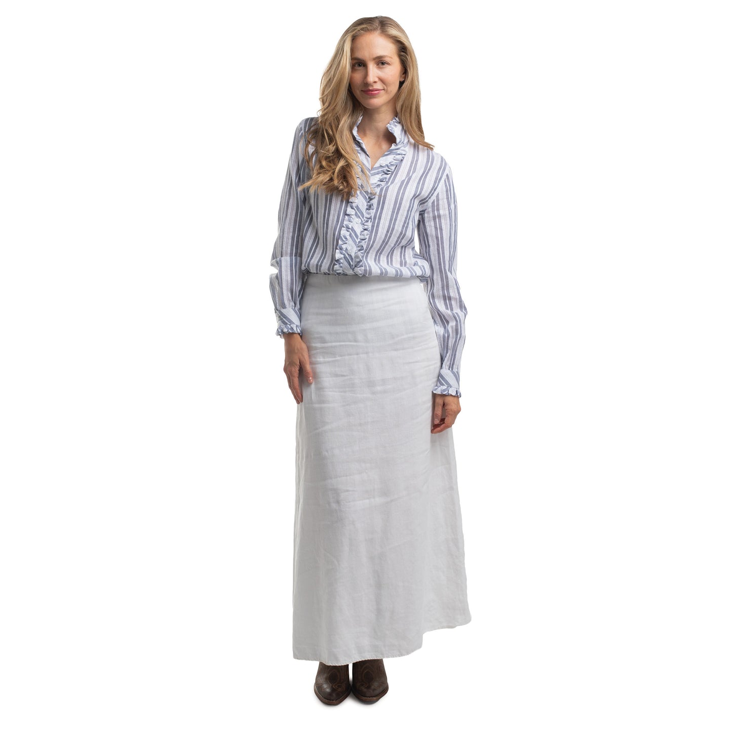 Just Country Womens ABBEY FRILLS FULL BUTTON PRINT WORKSHIRT INDIGO  BLUE & WHITE LACE
