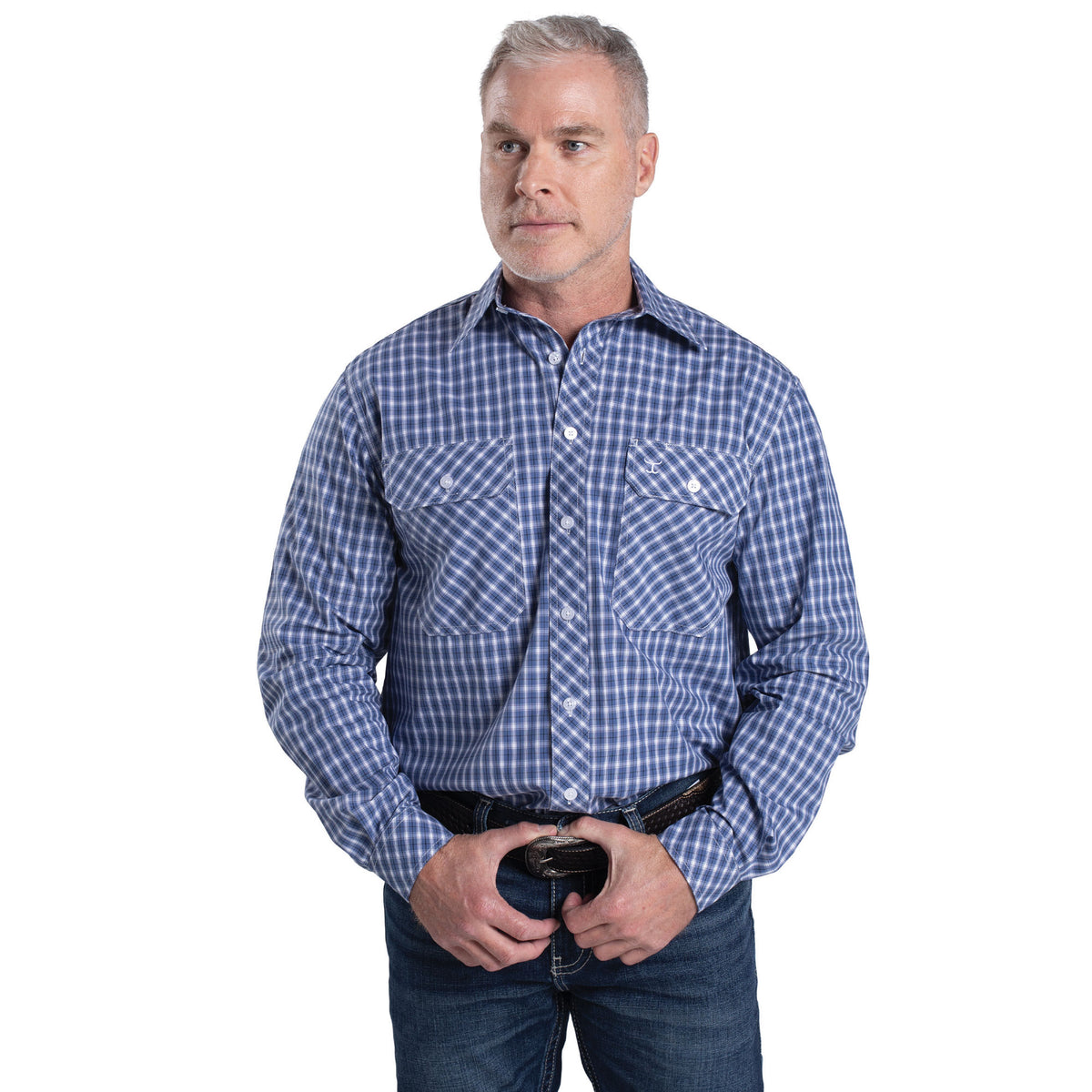 J/C MEN'S AUSTIN FULL BUTTON PLAID WORKSHIRT - DUTCH BLUE & WHITE PLAID