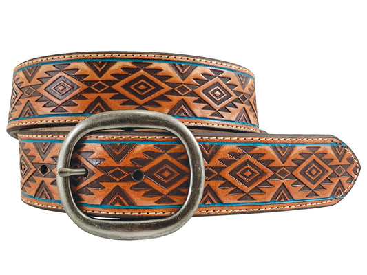WOMEN'S LEATHER TAN BELT - AZTEC EMBOSS - TAN